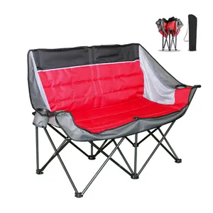 Cadeira dobrável portátil para acampamento, grande, acolchoada, dupla, resistente, assento acolchoado, com 2 copos, balde e braços