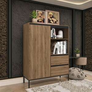 Oak Effect Finish Highboard Wooden <strong>Tall</strong> <strong>Unit</strong> 2 Doors Opening <strong>Shelves</strong> Modern Eco-Friendly Durable for Living Room Bedroom Home - Product Image 2