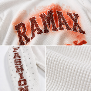 Custom Waffle <b>Knit</b> Vintage <b>Tie</b> Dye Letter Print Rivet Decor Boxy Cropped Long Sleeve T Shirt Men Streetwear Top OEM ODM MOQ50 - Product Image 4