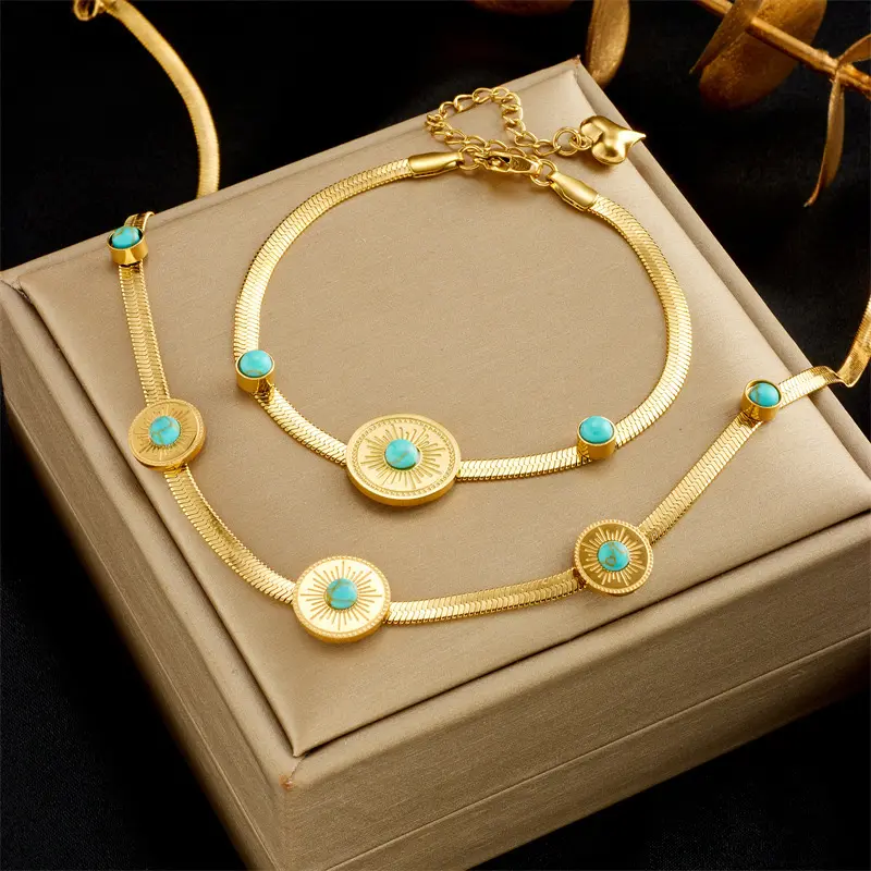 Parure de bijoux pour femmes en acier inoxydable or 18 ct chaîne cubaine superposée jade zircon en forme de cœur pendentif collier boucles d'oreilles bracelet