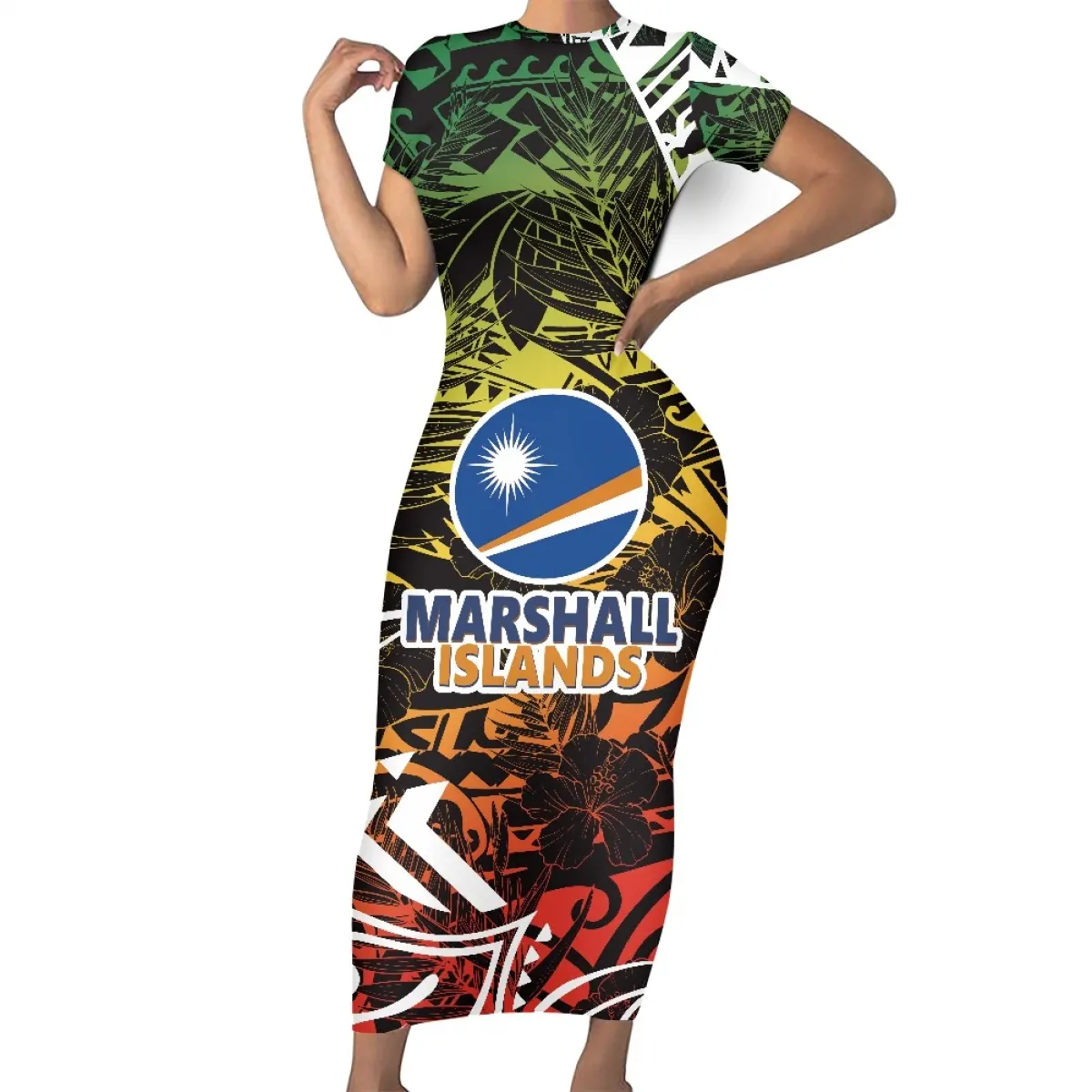 Marshall Island Hibiscus flor hoja de palma estampado Mujer vestido ajustado con logotipo personalizado sin mínimo ceñido al cuerpo vestidos de verano traje barato