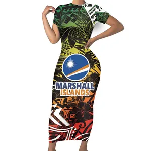 Marshall Island Hibiscus Flower Palm Leaf Print Women Slim DressWith Custom Logo No Minimum Bodycon Summer Dresses Outfit Cheap