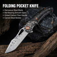 Couteau pliant de poche Damas, couteau tactique de camping en plein air, couteau EDC avec manche en fibre de carbone doré pour hommes, vente en gros personnalisée DM039