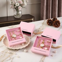 Set Perhiasan Jam Tangan Wanita Modis dengan Kotak, Jam Tangan Quartz Berlian untuk Wanita, Hadiah untuk Wanita
