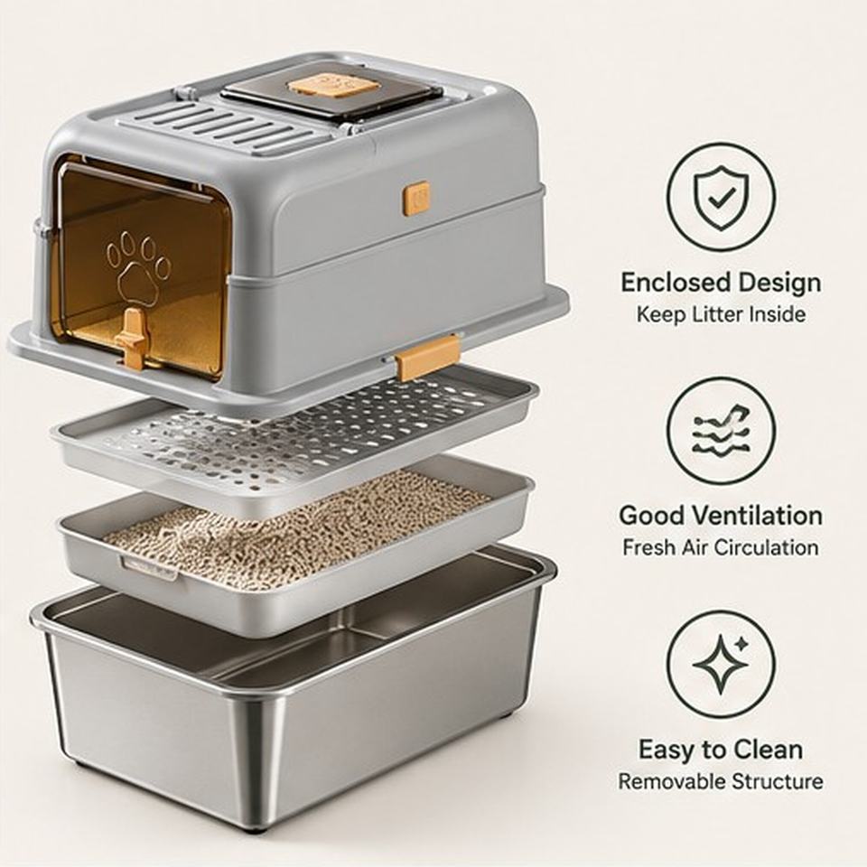 Stainless Steel Cat Litter Box with Lid, Enclosed Hooded Litter Pan ...