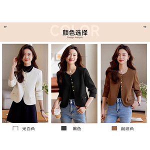 Women's Short Blazer Solid Color Beige Black Brown Polyester Fiber Worsted Spring Autumn Elegant Petite Fit - Product Image 2