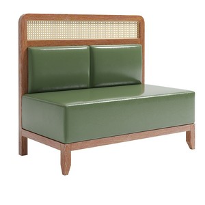 Canapés en osier et bois massif avec revêtement en cuir vert, ensemble pour salle à manger ou restaurant - Product Image 5