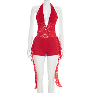 วิวิบลูค D26RP038 ชุดรอมเปอร์ฤดูร้อนสำหรับผู้หญิง ดีไซน์ใหม่ เซ็กซี่ ทรงเข้ารูป แต่งผ้าลูกไม้ คอ halter เปิดหลัง แต่งระบายขอบ ชุดรอมเปอร์แบบชิ้นเดียวสำหรับสุภาพสตรี - Product Image 4