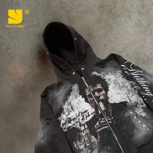 Áo khoác nam dáng rộng có mũ trùm đầu tháo rời bằng lông giả cao cấp, in logo tùy chỉnh, khóa kéo, giặt acid, mùa đông - Product Image 3