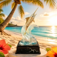 Trophée Marlin en métal plaqué or personnalisé, sculpture vague en cristal, base en marbre noir, fabricant OEM ODM