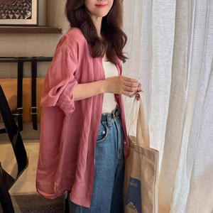 Chic femmes haut d'été coupe ample bleu Ramie <span class=keywords><strong>lin</strong></span> coton Blouse Style français longue longueur chemise décontractée tissé crème solaire conception - Product Image 4