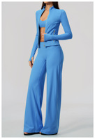 Ensemble 3 pièces de sport transfrontalier pour le yoga et la course à pied : veste zippée à manches longues anti-transpiration, soutien-gorge et pantalon évasé