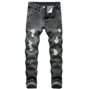 Retro Ripped Jeans Men's European And American Amazon Worn-out Middle Waist Straight Jeans