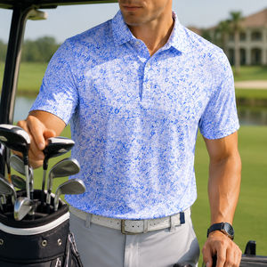 Polo de Golf Azul con Estampado Floral Personalizado para Hombre, de Alto Rendimiento, con Tecnología de Absorción de Humedad, Elástico, Fabricante OEM de Marca Privada - Product Image 1