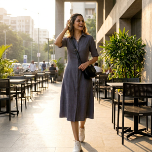 Robe chemise midi décontractée en lin et coton, col à revers, manches 3/4, couleur unie, respirante, coupe ample, pour l'été et le quotidien - Product Image 1