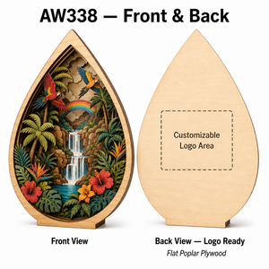 Shadowbox Personalizado con Diseño de Paraíso Tropical en Forma de Lágrima |   Escena de Cascada de Hibisco <span class=keywords><strong>y</strong></span> Macaw Cortada con Láser en Madera Contrachapada de Álamo Multicapa - Product Image 2