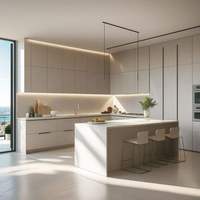 Meuble de cuisine moderne sur mesure en MDF laqué, design plat, avec porte vitrée, charnière et robinet pour villa