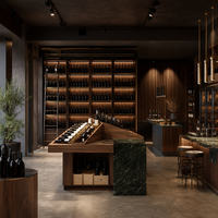 Solution de conception de magasin complet : Étagère de présentation pour vin en bois de noyer foncé, rail en laiton, mur à vin rétroéclairé, solution d'aménagement en marbre vert