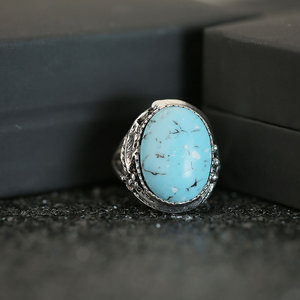 Anello vintage con piume per donna, design intarsiato con pietra color turchese, gioielli creativi alla moda - Product Image 1