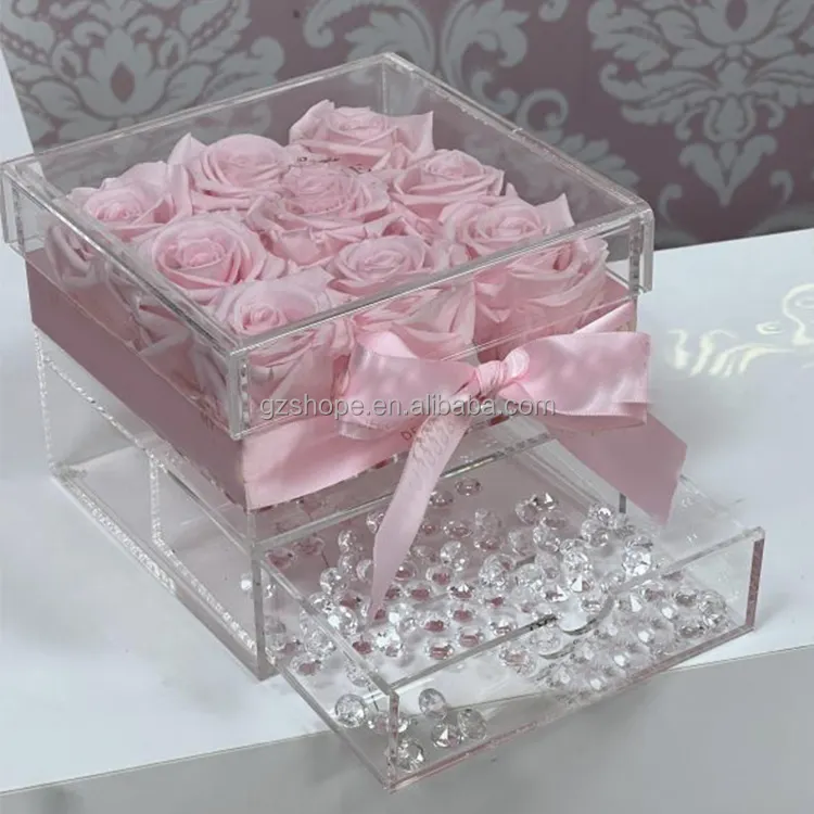 SHP Luxury Preservation Rose Acrylic Box Crystal Transparent Rose Makeup Box with Drawer Organic Glass Handmade Display Case