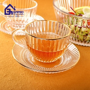 Taza y platillo de vidrio <span class=keywords><strong>H</strong></span> Line de rayas verticales hechas a máquina de alta calidad, juegos de té y tazón de taza de helado de vidrio para uso en restaurante doméstico - Product Image 3