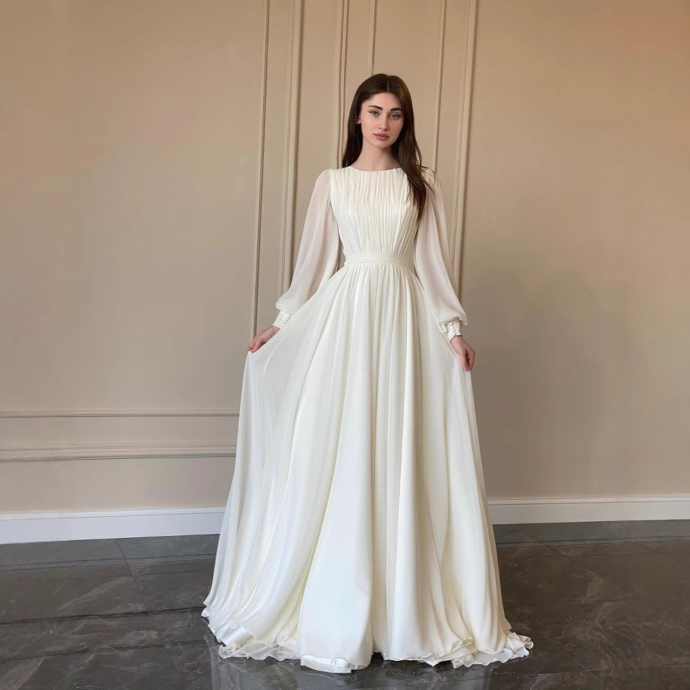 casual white wedding dress with sleeves Vintage Short Casual Simple Long Sleeve A-line Tea-length Plunging Neckline Satin Wedding Dress, Diamond White / 6