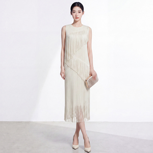 Fashion Women's Eco-Friendly Pleated Tassel Solid Ruched Natural Waist Short Sleeve Asymmetric Elegant Casual Vintage Midi <b>Dress</b> - Product Image 3