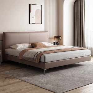 <span class=keywords><strong>Lit</strong></span> double en cuir véritable <span class=keywords><strong>de</strong></span> vachette <span class=keywords><strong>de</strong></span> première qualité, style moderne simple en bois pour petits appartements, avec bordure capitonnée - Product Image 4