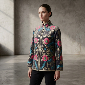 Veste en velours gris Suzani, hiver, écologique, broderie florale, bohème, ethnique, faite à la main - Product Image 1