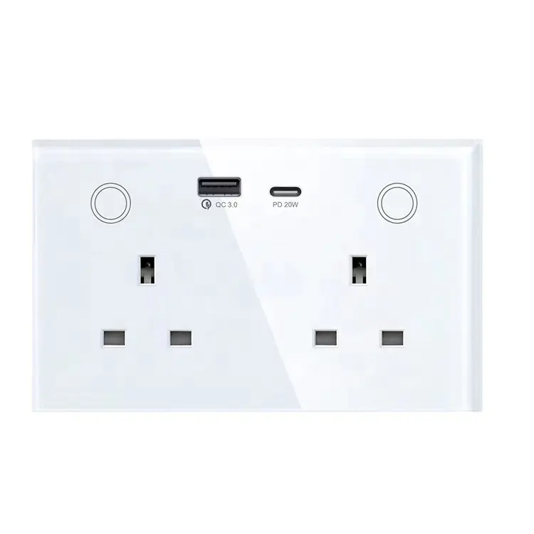 British UK Standard 16A Panneau en verre tactile Tuya Zigbee Smart Socket Double prises murales avec USB Type C 220V AC