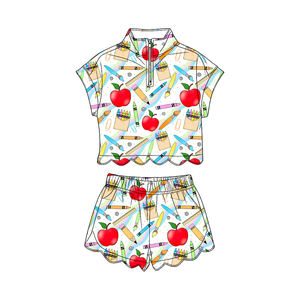 GSSO3581 Ensemble personnalisé pour enfants, motif crayon Apple Little Active Girl, à manches courtes, à volants, avec fermeture éclair, vente en gros - Product Image 6