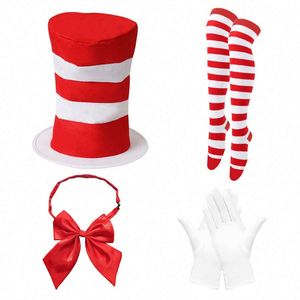 Set de Disfraz de Gato para Halloween con Sombrero Rojo y Blanco, Diadema, Guantes, Lazo y Tatuaje de Cara de Gato para Fiestas - Product Image 1