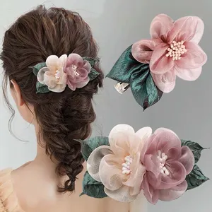 Retro Vrouwen Stof Bloem Haar Sieraden Haargrepen Kleurrijke Organza Bloemen Haarspeld Elegante Paardenstaart Lente Haarclip Accessoires