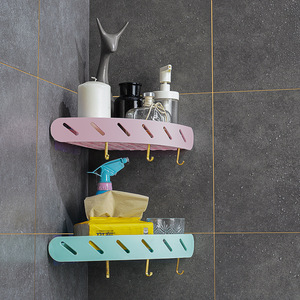 Bathroom Corner Shelf Wall Mounted Double Layer Storage Rack Nordic Style With Hooks For Bathroom Vanity - Product Image 2