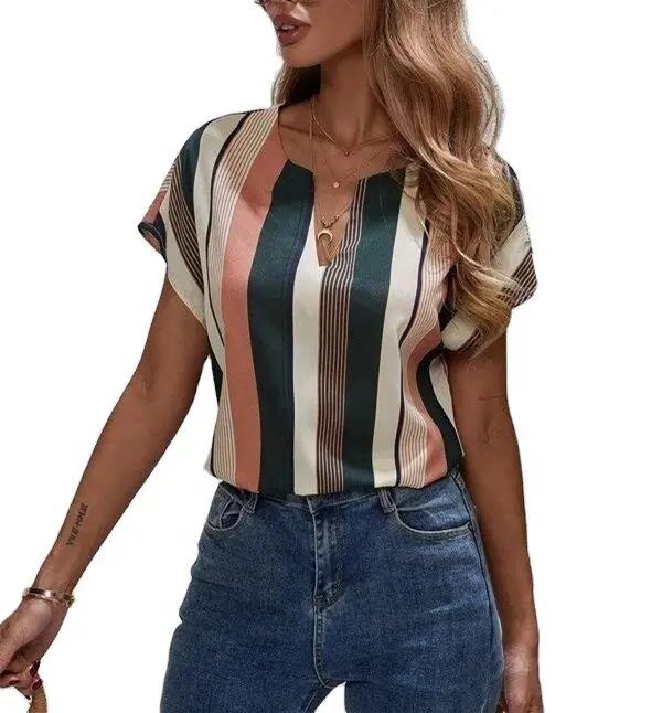 2022 Ladies Women's Clothing Tank Top Stripe Short Batwing Sleeve Notch Neck Blouse Tops For Women