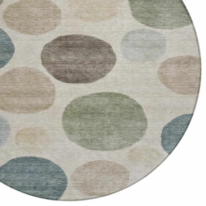 HMS 8' Khaki Fern Green and Teal Blue Indoor/Outdoor Area Rug with Geometric Round Design Washable Carpet