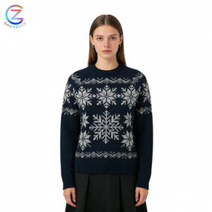 Suéter Azul Marino de Invierno para Mujer, Suéter de Punto Jacquard con Copos de Nieve Grandes, Venta al por Mayor, Fabricación OEM, Suéter Personalizado - Product Image 1