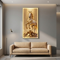 Vente en gros usine : Tableau mural en verre avec cheval en porcelaine, cadre LED, orné de cristaux 5D et de diamants, style moderne, finition or de luxe