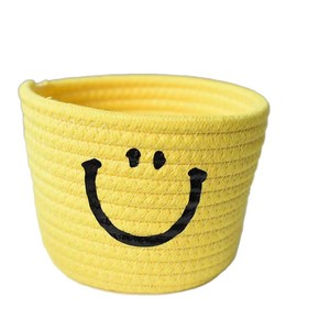 Cotton Woven <b>Basket</b> Smiley Face Pink Round <b>Storage</b> Organizer Desktop Toy Holder 100% Cotton <b>Rope</b> Handmade - Product Image 5
