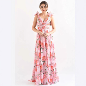Robe de soirée longue sans manches en mousseline à imprimé floral, col en V, taille empire, avec superposition transparente pour femme - Product Image 1