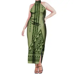 Factory Outlet Customized On Demand Sleeveless Dress Pacific Island Art 6XL Elegant Hanging Neck Off Shoulder Dress For Evening