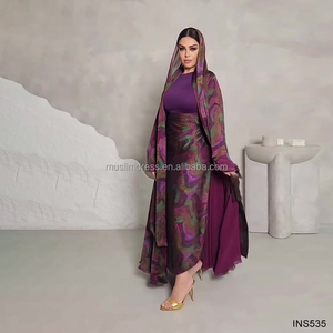 Nouvel ensemble musulman modeste 2026 en gros, léger et respirant, 3 pièces : Hijab, Abaya ouverte et longue jupe - Product Image 3