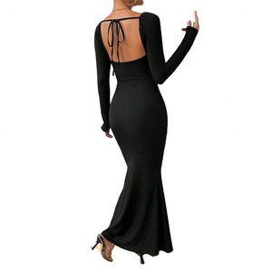 Robes longues élégantes et personnalisées de haute qualité pour femmes, avec col en U large, manches longues et taille ajustée, à nouer devant, pour un look raffiné. - Product Image 3