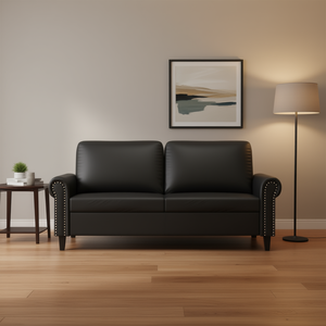 Canapé deux places en similicuir noir, pieds en métal, style Chesterfield traditionnel, meubles de salon, dossier rigide, accoudoirs roulés, durable - Product Image 2