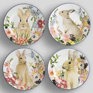 Piatti per insalata di coniglietto con decalcomania ad alta temperatura bianchi personalizzati all'ingrosso 7''piatti laterali in ceramica per conigli pasquali