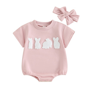 Newborn Baby <strong>Girl</strong> <strong>Outfit</strong> My First Easter Clothes Embroidered <strong>Bunny</strong> Sweatshirt Easter Oversized Baby Romper with Headband - Product Image 1