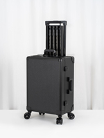 Valise de maquillage professionnelle à roulettes en aluminium, 4 roues, résistante à l'eau, avec miroir LED intégré et pieds pliables cachés, motif rayé tendance