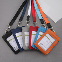 Dompet Kartu Lencana ID Kulit Asli, Tempat Kartu 2 Slot Kartu dengan Tali Lanyard Leher Ritsleting untuk Kantor