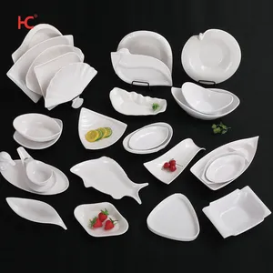 Wholesale freestyle shape plate fish dessert dish plain white unbreakable plastic tableware melamine plates for party picnic