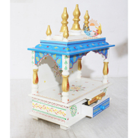 Temple en bois peint à la main de qualité supérieure pour la décoration murale de la maison, Mandap en bois blanc et bleu, Autel indien Pooja Ghar pour la maison et le bureau
